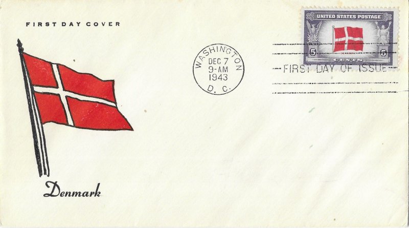 1943 FDC, #920, 5c Overrun Country - Denmark, Fidelity