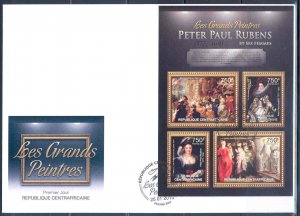 CENTRAL AFRICAN REPUBLIC 2012 PETER PAUL RUBENS AND WOMEN SHEET OF FOUR FDC