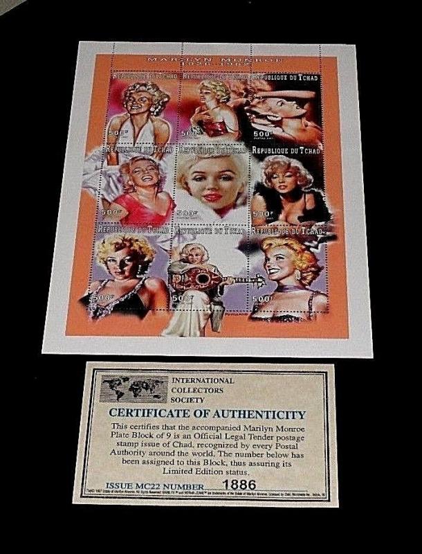 1996, CHAD, MARILYN MONROE, LIMITED EDITION, SHEET/9, MNH, W/COA