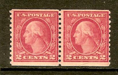 Scott #492, 2c Washington Coil Pair, Fine Ctr, Unused