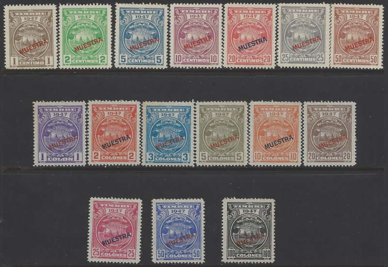 COSTA RICA TIMBRE REVENUE COAT of ARMS, OVERPRINTED MUESTRA w/HOLE MNH 1947