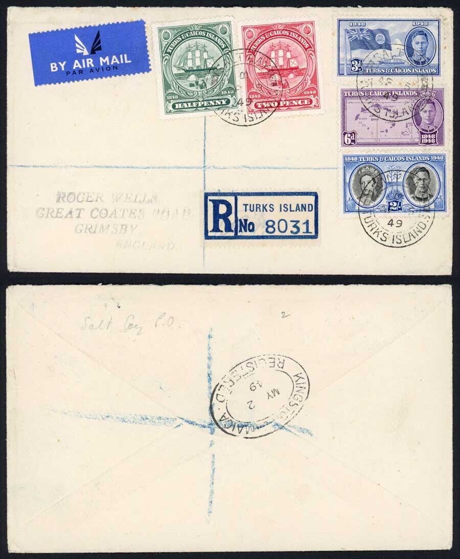 Turks and Caicos KGVI Values to 2/- on Cover with SALT CAY Postmark ...