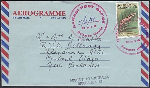 SOLOMON IS 1998 aerogramme RANADI POST OFFICE cds to NZ, MISSENT BRISBANE...K826 