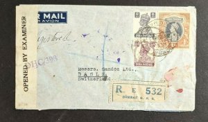 1945 Bombay India to Basle Switzerland Registered Censored Airmail Cover