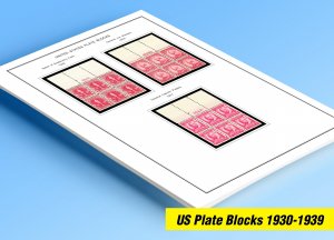 COLOR PRINTED US PLATE BLOCKS 1930-1939 STAMP ALBUM PAGES (47 illustrated pages)