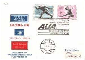 Austria Austrian Airlines Linz to Salzburg 1964 1st Flight Cover