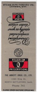 Canada Revenue 1/5¢ Excise Tax Matchbook ABBOTT DRUG CO. LTD. North Battleford