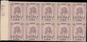 Eritrea #64, Incomplete Set, Block of 10 w/ Plate #, 1922, Never Hinged