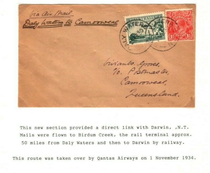 AUSTRALIA Air First Flight Cover *Daly Waters NT* Camooweal 1934 {samwells}PA27