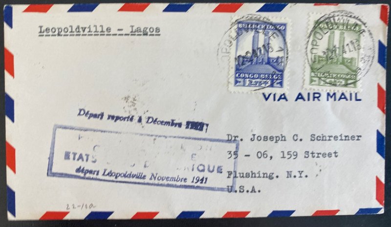 1941 Leopoldville Belgian Congo First flight cover FFC To Lagos Nigeria