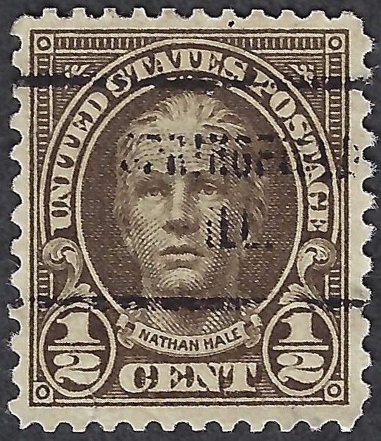 United States #653 1/2¢ Nathan Hale (1929). Olive brown. Used.