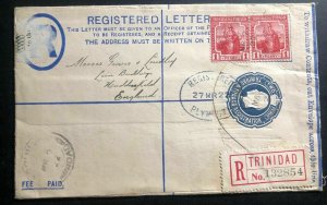 1922 Trinidad & Tobago Registered Letter Stationery Cover To Huddersfield Englan
