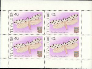 Tuvalu #138-141, Complete Set(4), Blocks of 4, 1980, Butterflies, Never Hinged