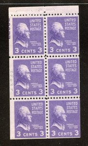 US Scott 807a Booklet pane of 6 with Partial  plate number MNH