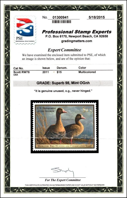 Scott RW78 2011 $15.00 Duck Stamp MNH PSE Cert Grade 98 SCV - $120.00