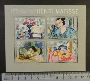 Central Africa 2014 henri matisse art paintings women fish flowers fruit m/sheet 