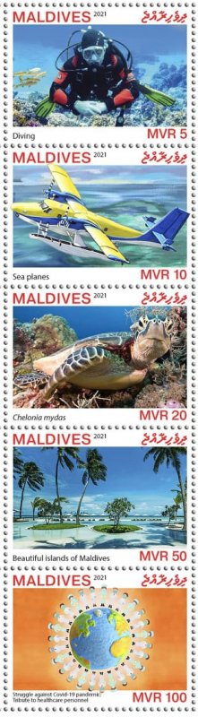 2021 MALDIVES - STRIP 5v - JOINT ISSUE TOURISM PANDEMIC CORONAVRUS TURTLES MNH-