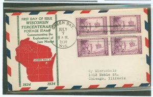 US 739 1934 3c Wisconsin Tercentenary (block of four) on an addressed first day cover with an unknown cachet.
