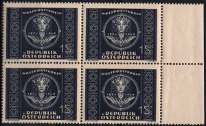 AUSTRIA 1949 1s UPU ANNIVERSARY Issue Block of 4 Sc 567 MNH