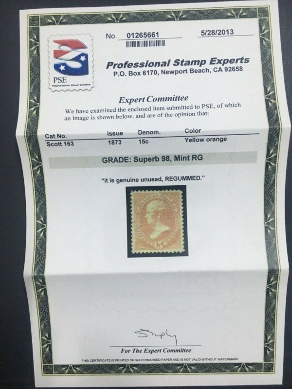 MOMEN: US STAMPS #163 UNUSED PSE GRADED CERT SUP-98