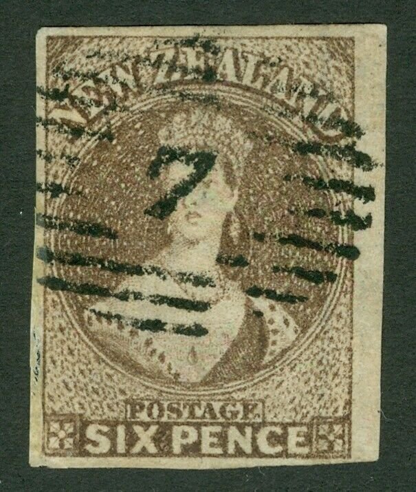 SG 42 New Zealand 1862-64. 6d brown. Very fine used. 4 good to huge margins...