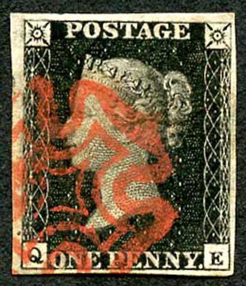 Penny Black (QE) Plate 9 Cancelled with a Red MX Four Margins