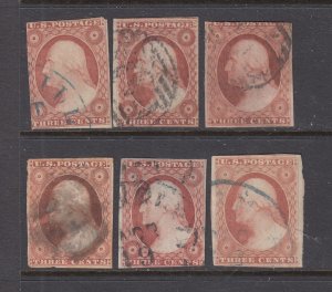 US #11s and 11As 6x 3c Washington  (Used group)  cv$90.00