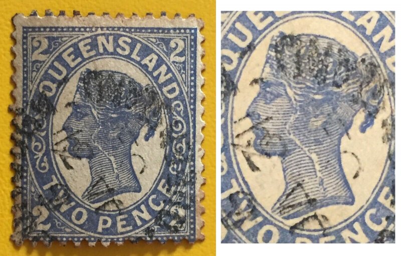 RARE 1897-1908 QUEENSLAND AUSTRALIA 2d Used feature FACIAL FLAW SG#234a A5076