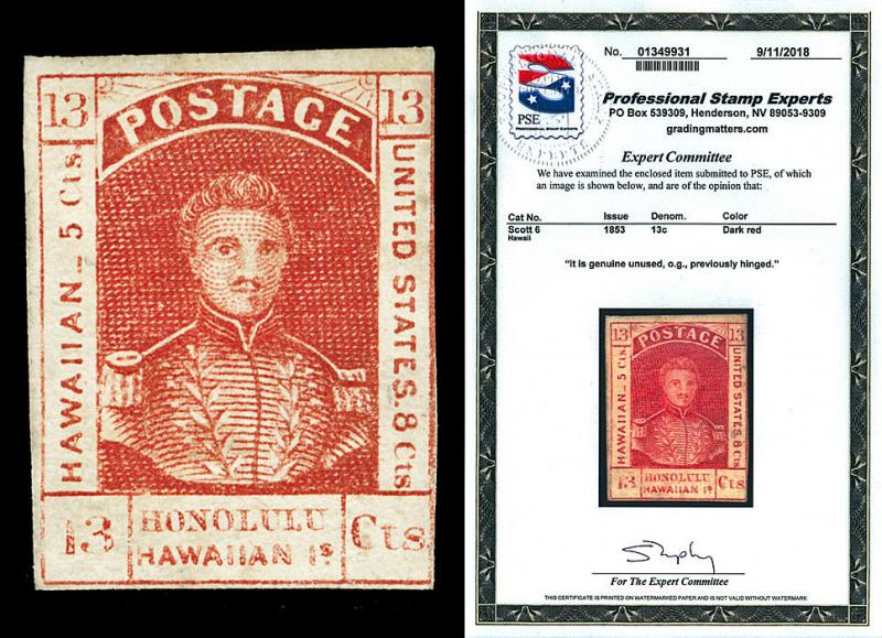 Hawaii Scott 6 1853 13c King Kamehameha III Issue Mint LH Cat $875 with PSE Cert