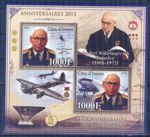 Ivory Coast 2013 Aviation Airplanes A. N. Tupolev Sheet MNH