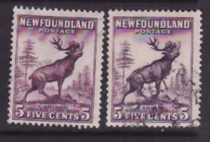 Newfoundland-Sc#191,191a- id21-used 5c Caribou-both dies-1932-7-