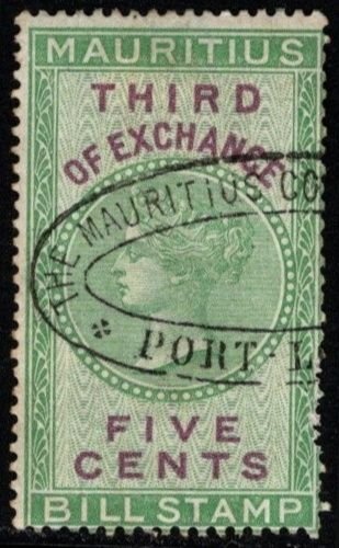 1869-1903 Mauritius Revenue Five Cents Queen Victoria Bill of Exchange Used