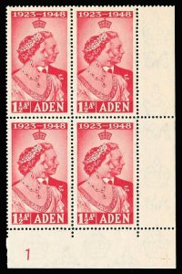 Aden 1949 KGVI Silver Wedding  1½a scarlet PLATE 1 BLOCK of four MNH. SG 30.