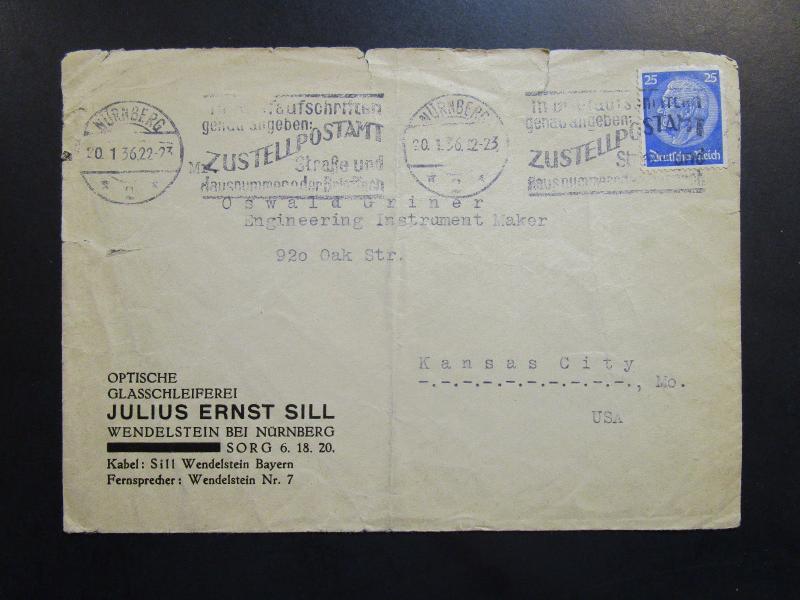 Germany 1936 Cover Slogan Cancel / Light Fold / Sm Top Tear - Z6365