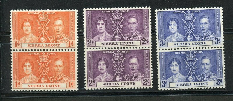 SIERRA LEONE CORONATION OF GEORGE VI 1937 SC# 170-172 MINT NH PAIRS AS SHOWN