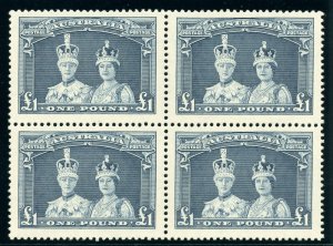 Australia 1938 KGVI £1 blue-slate block of four superb MNH. SG 178. Sc 179.