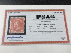 US 439 Franklin 30C Genuine Unused Graded By PSAG Light Single Line Watermark