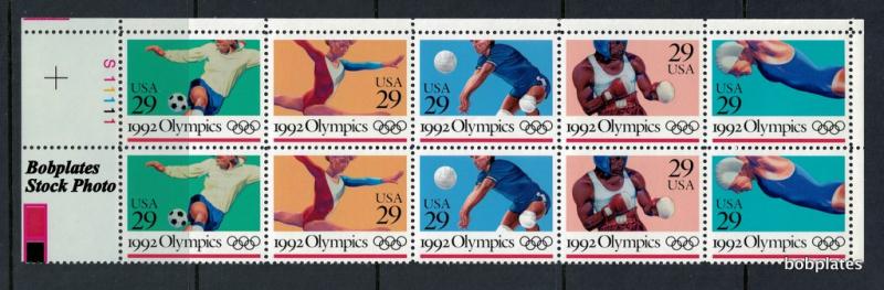 BOBPLATES #2637-41 1992 Olympics Upper Left Plate of 10 S11111 F-VF NH SCV=$6.5