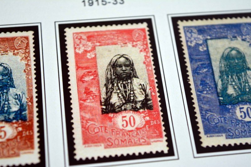 COLOR PRINTED SOMALI COAST 1894-1966 STAMP ALBUM PAGES (40 illustrated pages)