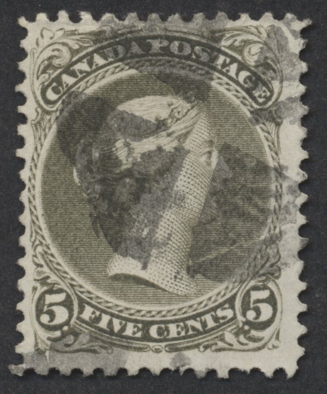 Canada #26 5c Large Queen P 11.6x12 Quartered Cork Cancel Crease