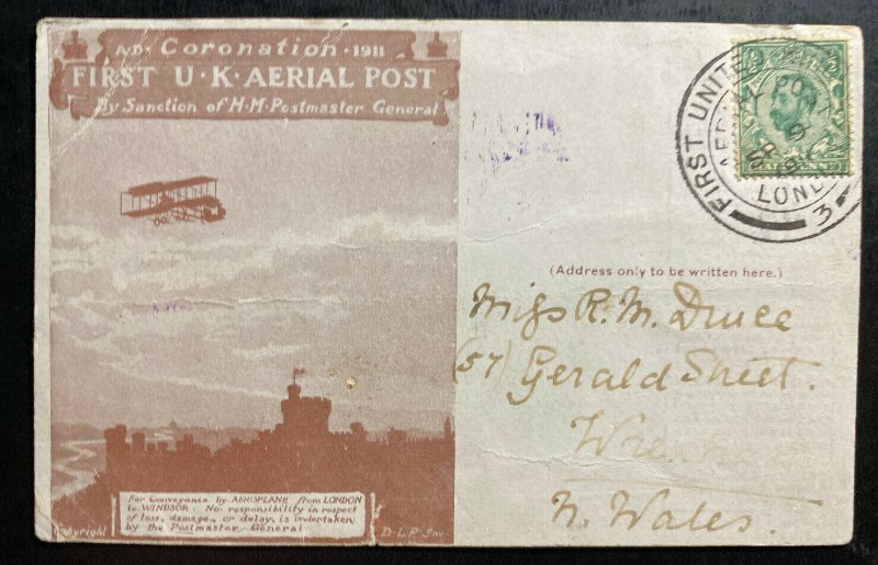 1911 London England First Aerial Post King George V Coronation PC Cover To Wales 