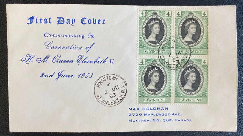 1953 St Vincent First Day Cover Queen Elizabeth II coronation Stamp Block