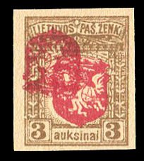 Lithuania #59P, 1919 3a light brown and red, imperf. proof with center double...