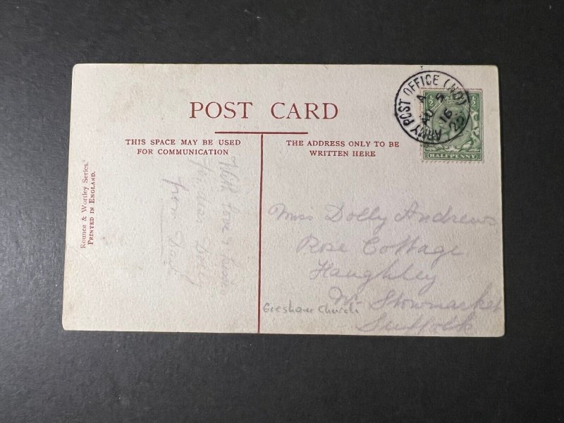 1916 Great Britain WWI Postcard Cover Army Post Office to Suffolk England