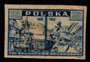 Poland Scott 375 Used Imperforate stamp nice cancel.  Hinge Thinned