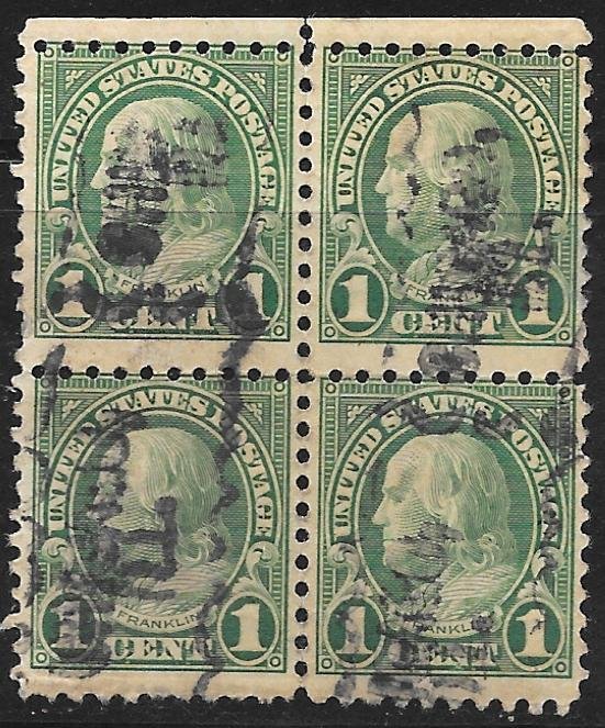 USA 581: 1c Franklin, Perf 10, block, used, AVG