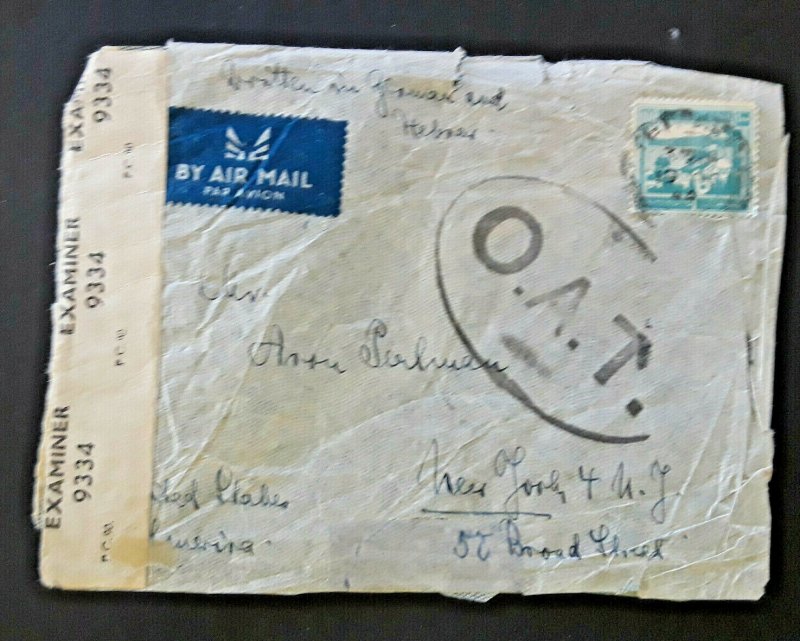 1944 Tel Aviv Palestine To New York NY Airmail Censorship Hebrew & German Cover 