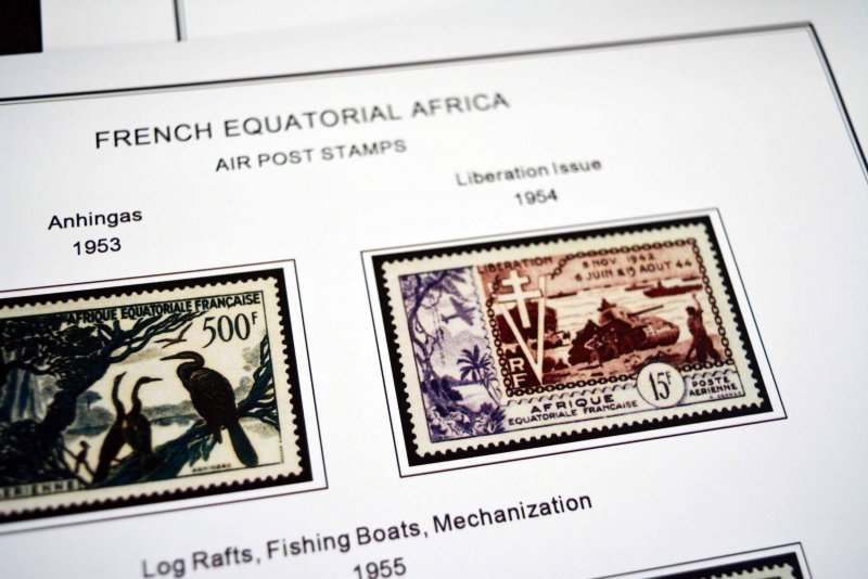 COLOR PRINTED FRENCH EQT. AFRICA 1936-1958 STAMP ALBUM PAGES (30 illustr. pages)