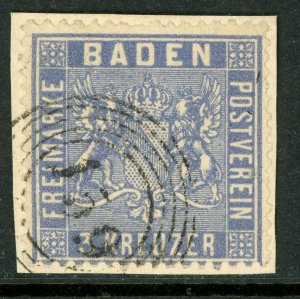 Germany States 1860 Baden 3 Kr Ultra Perf 13½Scott #12 VFU G415