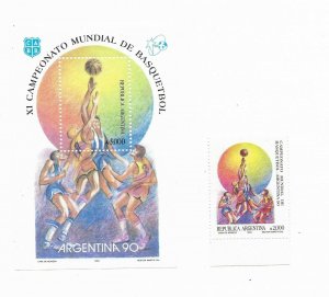 ARGENTINA 1990 BASKETBALL WORLD CHAMPIONSHIP SPORTS BASKET STAMP + SS MINT NH